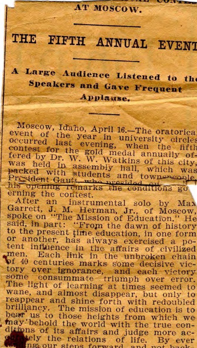 aged newspaper clipping of a Spokesman article about Jennie Eva Hughes' oration win