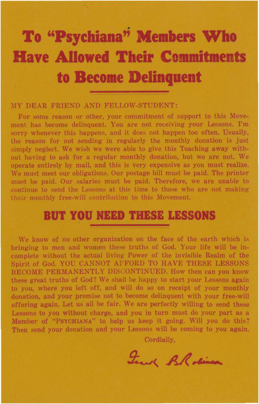 A form letter from Frank B. Robinson asks members to meet their monetary commitment for the movement.