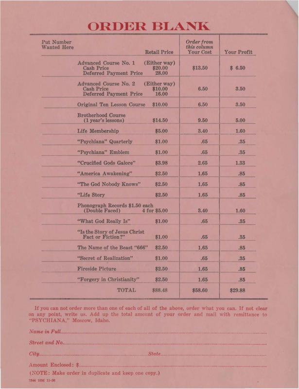 Order form blank for Psychiana written materials with retail, cost, and profit columns.