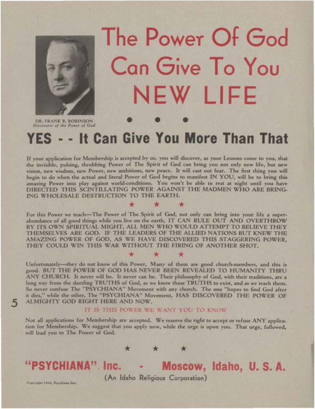 Flyer claims Psychiana lessons will bring new life to students and can provide Allied forces with power to win World War II. Also states churches have never revealed this Power.