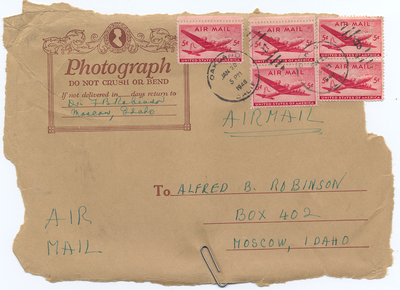 Label of a photograph mailed from Frank B. Robinson to his son, Albert B. Robinson