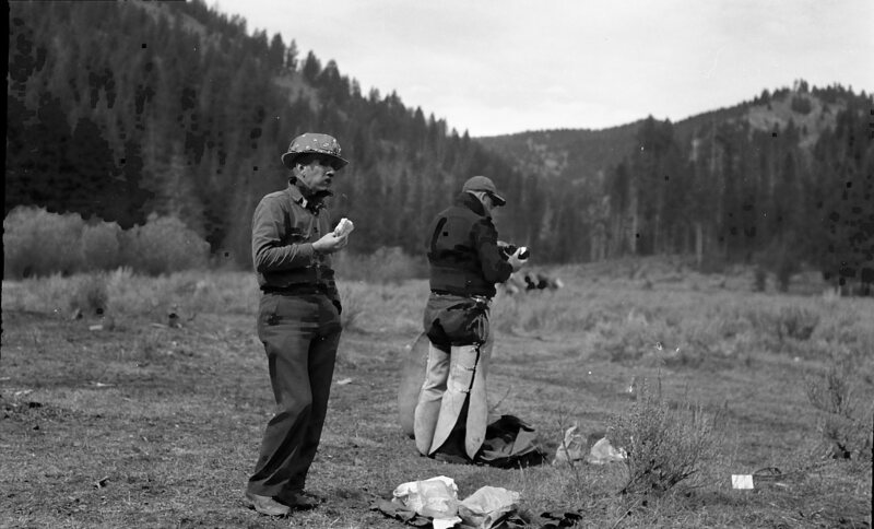 item thumbnail for Farrel and Martin eating lunch at Crescent Meadows during the big game hunting trip