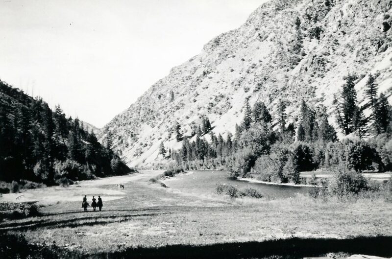 item thumbnail for Landing strip and three men on horseback at the Jess Taylor Ranch on Big Creek