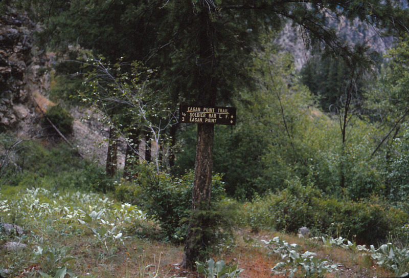 item thumbnail for Sign marking the Eagan Point trail on the south side of Big Creek, leading to Soldier Bar Airstrip and Eagan Point