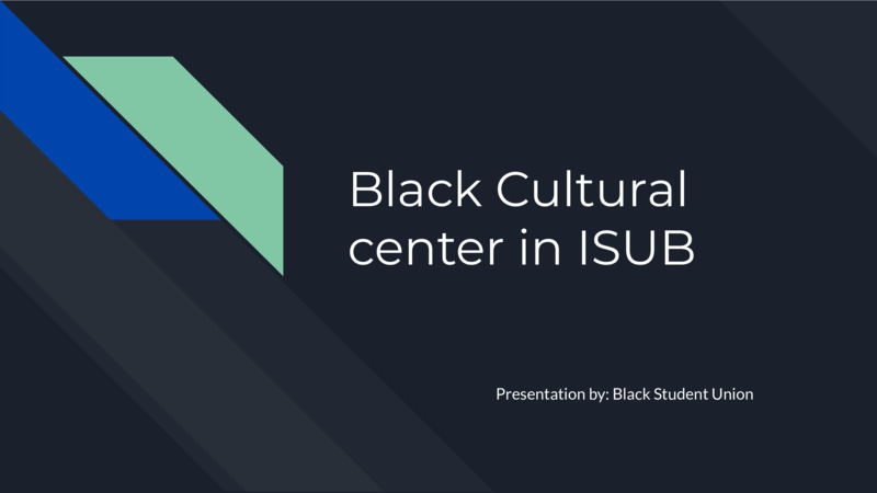  Alphonse Crittenden, former President of Black Student Union, presented using this PowerPoint the argument that the reestablished Black Cultural Center (now known as the Black Student Center) should be located in the Idaho Student Union Building.