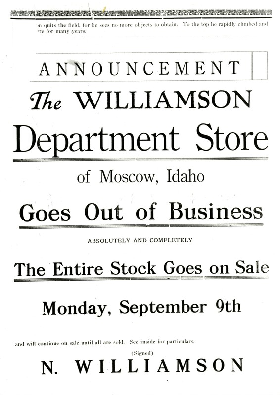 item thumbnail for Williamson's Department Store going out of business announcement