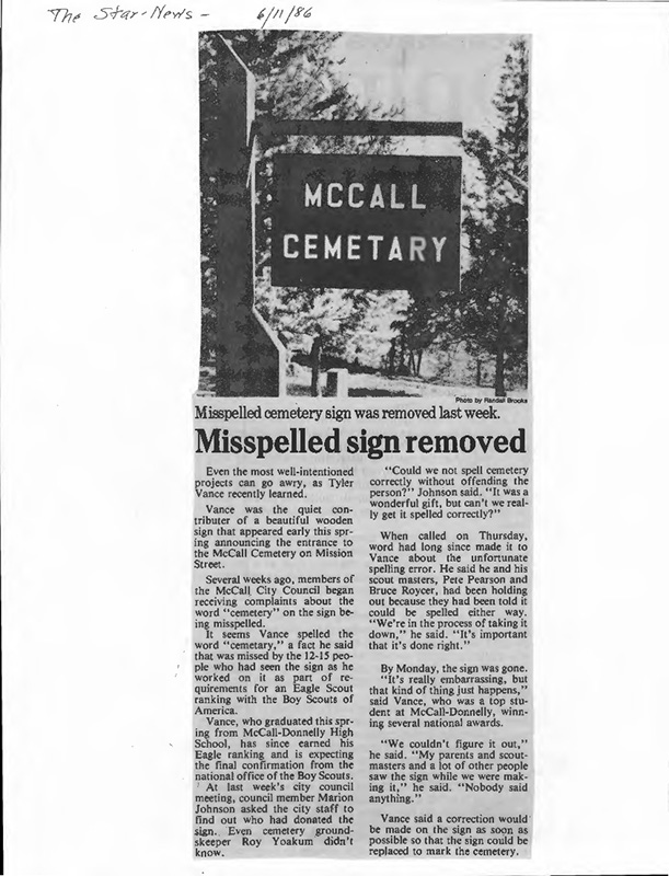 Mccall Idaho Cemetery Folder Mccall Public Library Collection 2636