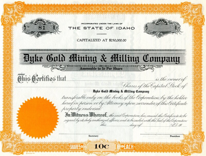 Dyke Gold Mining and Milling Co. [1] | Earl Bennett Stock Certificates