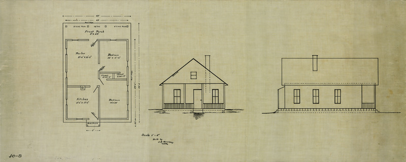 Standard plan for WI&M 4 section houses depicting a floor plan, front view, and side view. 