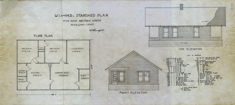 Standard plan for WI&M five room section house with floor plan, front elevation, side elevation, and a list of materials. 