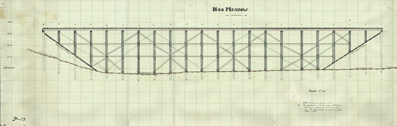 Diagram of Hog Meadow Creek trestle showing how original ground and embankment slope. Scale is 1 inch to 10 feet. 